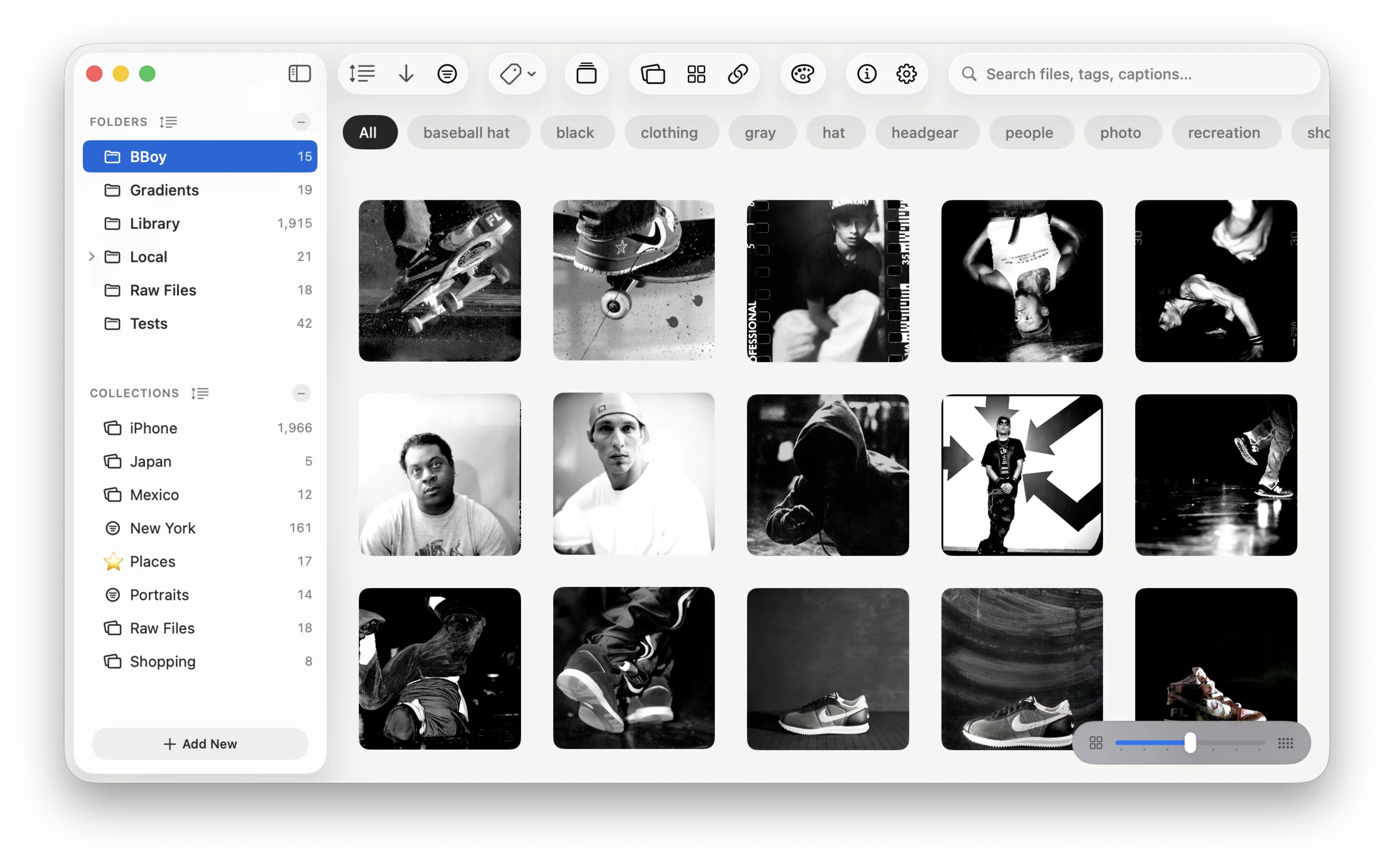 The Muse grid — a folder of photographs with its sidebar of folders and collections, tag filters across the top, and a zoom slider.